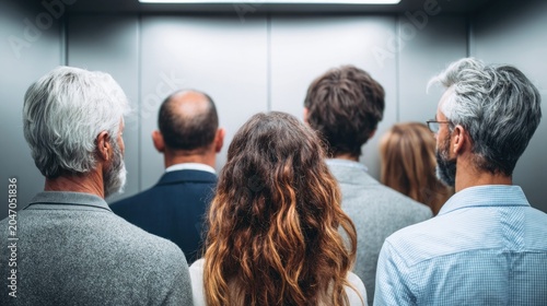 People ride an elevator together, facing forward, with a variety of hairstyles and clothing
