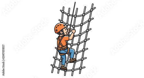 Foto Worker climbing metal grid structure.