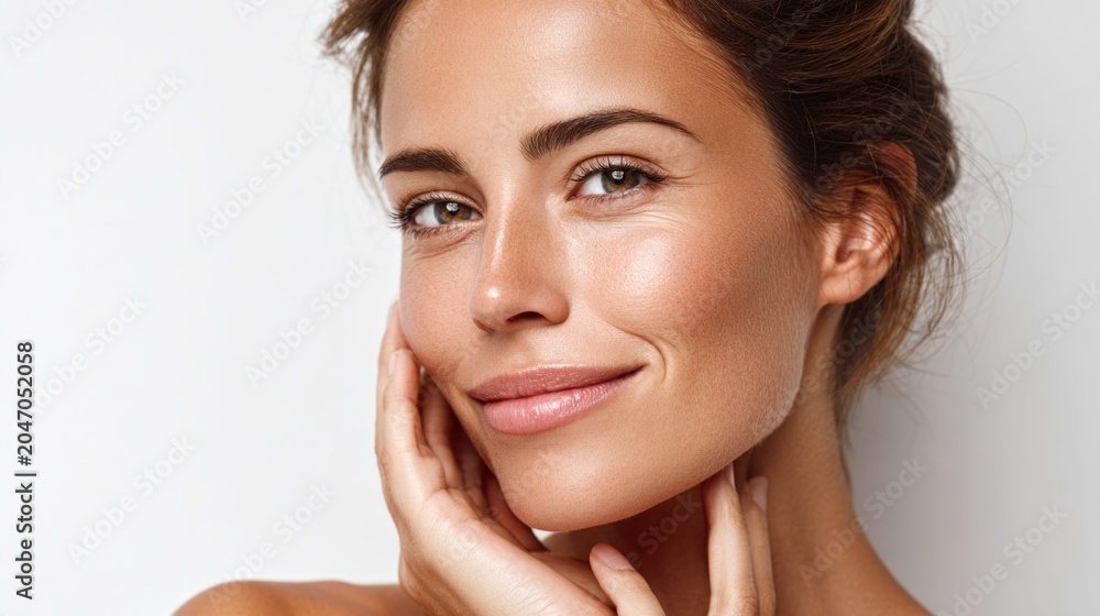 Fototapeta premium Beautiful woman with radiant skin smiles, touching her face with gentle hands