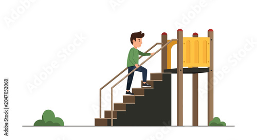Foto Boy climbing playground stairs quickly outside.