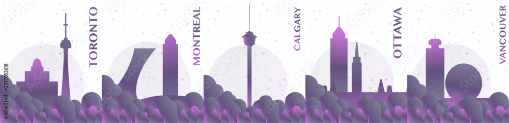 Naklejka premium Toronto, Montreal, Calgary, Ottawa, Vancouver - Canada gradient travel city poster pack. Landmarks and skylines series for brochure, web design, digital art, cover