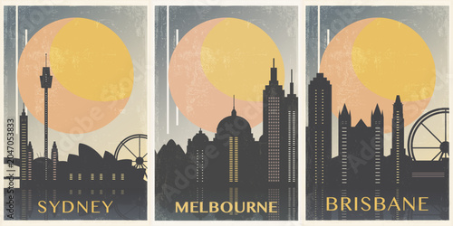 Foto Sydney, Melbourne, Brisbane retro poster pack city skylines, buildings, landmarks