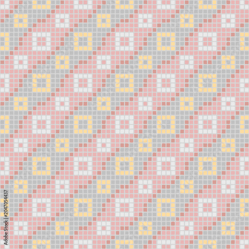 lines and squares of hand drawn pixels. vector seamless pattern. pink, gray, yellow colors. geometric repetitive background. modern art. fabric swatch. textile design. embroidery template. home decor