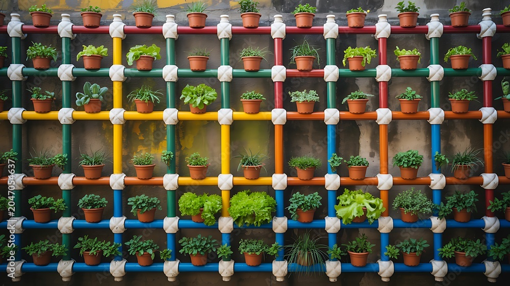 Fototapeta premium Colorful Vertical Succulent Garden Display With Decorative Plant Pots