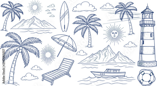 Fotografie Tropical Beach Icons Set Featuring Palm Trees, Surfboards, Mountains, Lighthouse