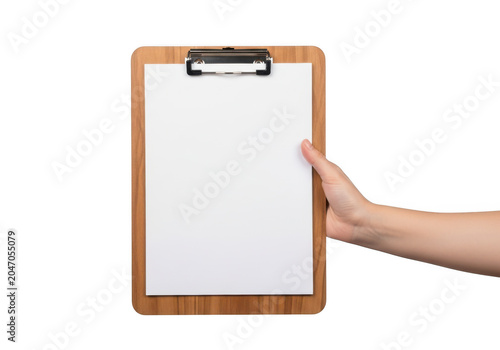 Hand holding blank clipboard