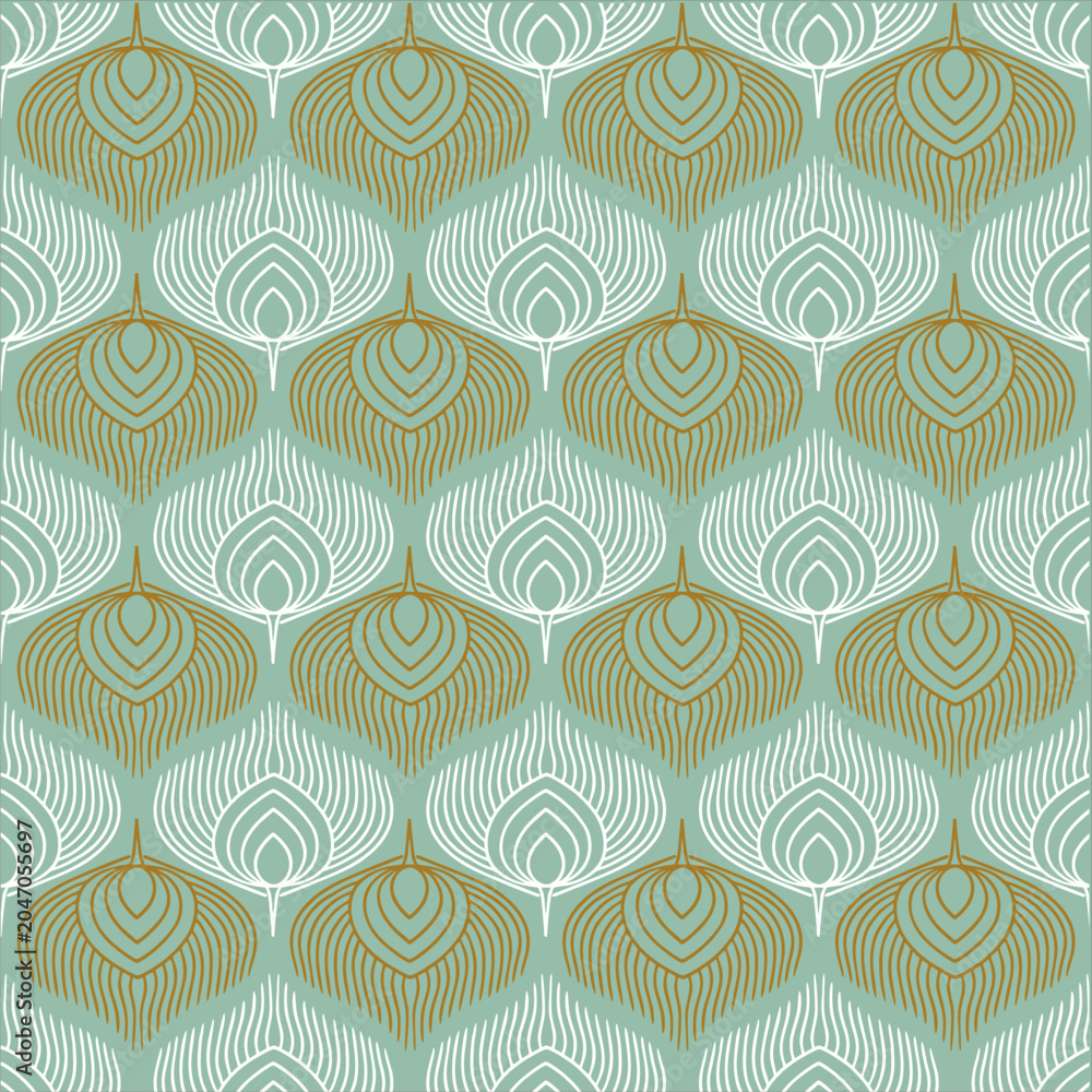 Fototapeta premium Art Deco Peacock Feather Seamless Pattern in Sage Green and Gold
