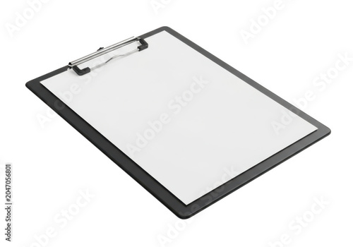 Black clipboard with silver clips and blank white paper