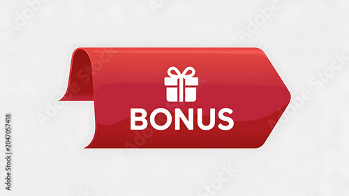 Red Ribbon Tag with Gift Icon and the Word Bonus present