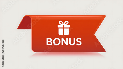 Red Ribbon Tag With Gift Icon And Bonus Text On White Background present