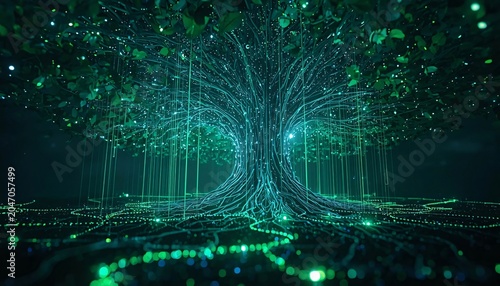 Futuristic AI Server Tree Growing Fiber Optic Roots Underground, Data Ecosystem Concept