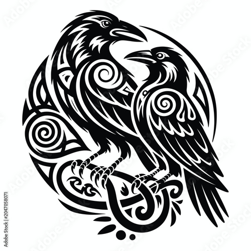 Obraz na płótnie Nordic raven tattoo vector design with two huginn and muninn odin crows in celti