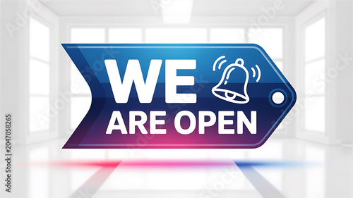 We Are Open sign with bell icon in bright room with blue and pink glow banner ribbon