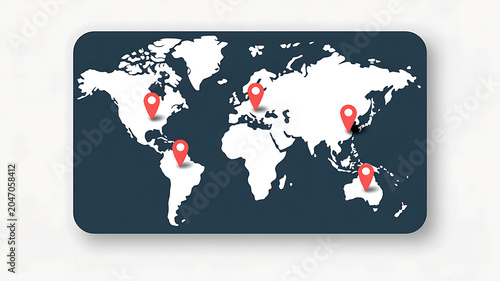 World map with red location pins on dark blue background globe earth
