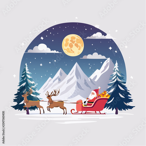 Santa Claus riding sleigh with reindeer under the moon
