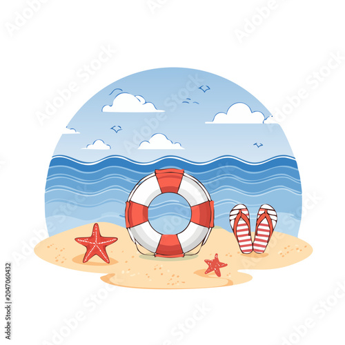 Summer beach scene with life preserver, flip flops, and starfish