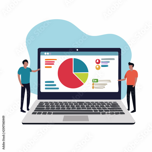Two people presenting data on a laptop screen