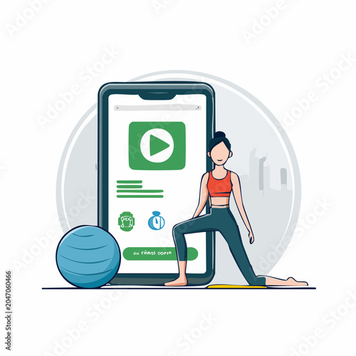 Woman doing yoga next to smartphone with fitness app