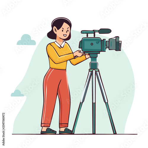 Woman operating a video camera on a tripod