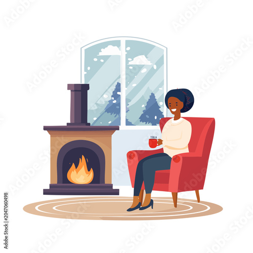Woman relaxing by fireplace with hot drink in winter
