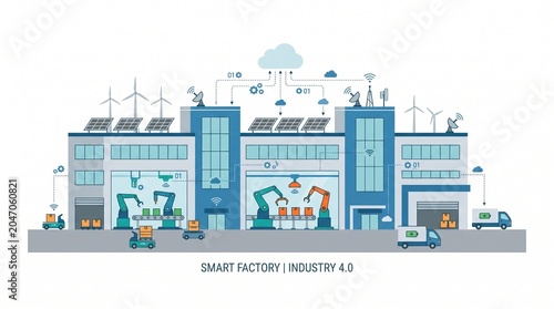 Futuristic Smart Factory Showcasing Industry 4.0 Automation, Sustainable Energy Integration, and Advanced Robotic Manufacturing Processes