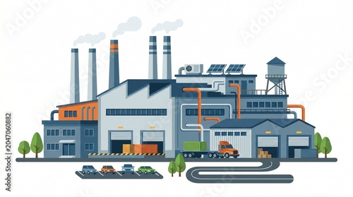 Industrial factory building with solar panels and a truck parked outside, representing manufacturing and production in the industrial sector