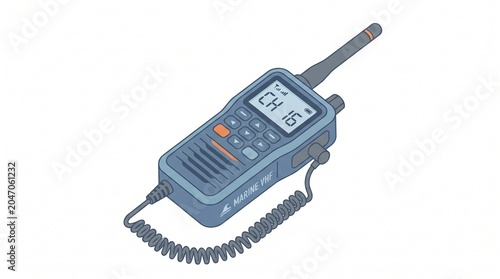 Illustration of a portable two-way radio device with a coiled cord and antenna, commonly used for communication