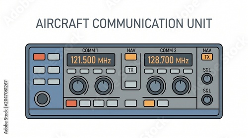 Illustration of an aviation communication control unit with digital displays showing frequency readings and knobs for adjustment
