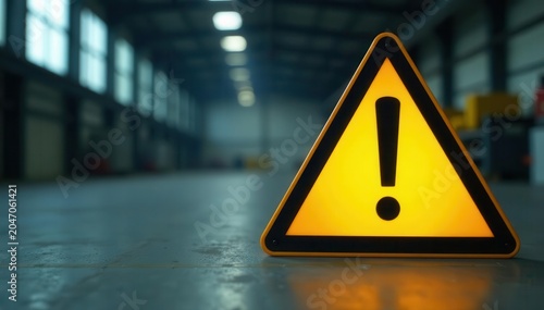 Bright yellow triangle with black exclamation mark on industrial background, caution, alert