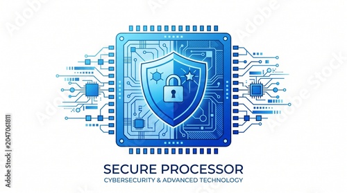 Secure digital processor illustration showcasing a cybersecurity shield and padlock, symbolizing advanced data protection, computing security, and technological defense for modern information systems