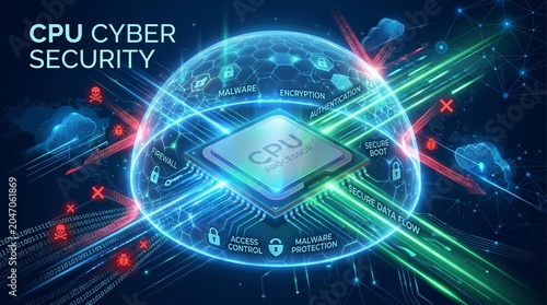 Futuristic CPU Security Concept Illustrating Digital Data Protection, Malware Prevention, and Network Access Control within a Secure Environment