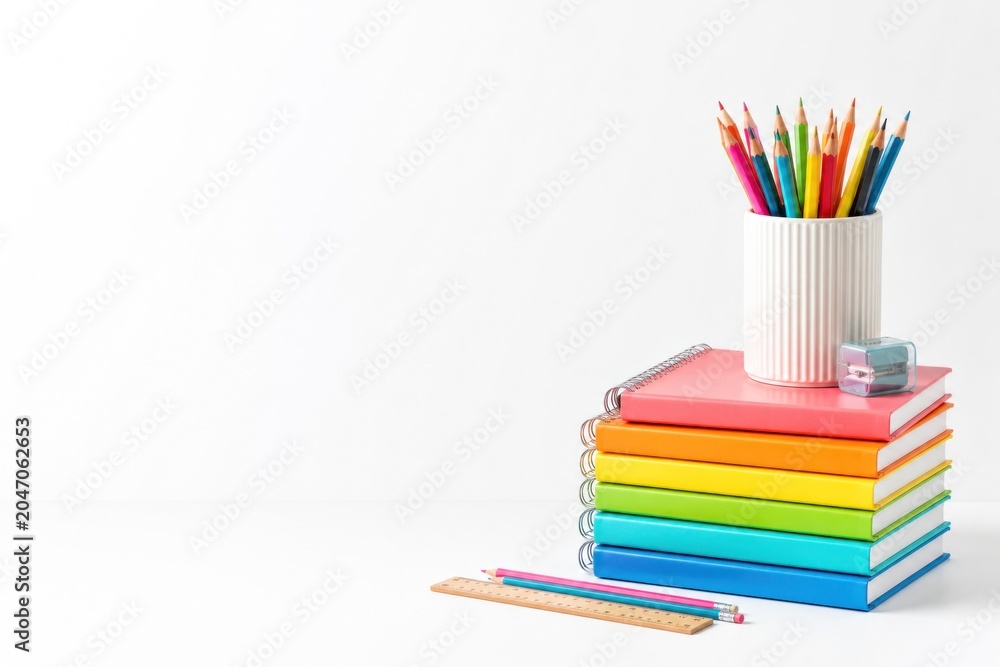 Fototapeta premium Minimal education objects and school supplies isolated on white background with copy space.