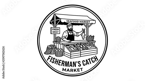 Foto Fisherman selling seafood at market.