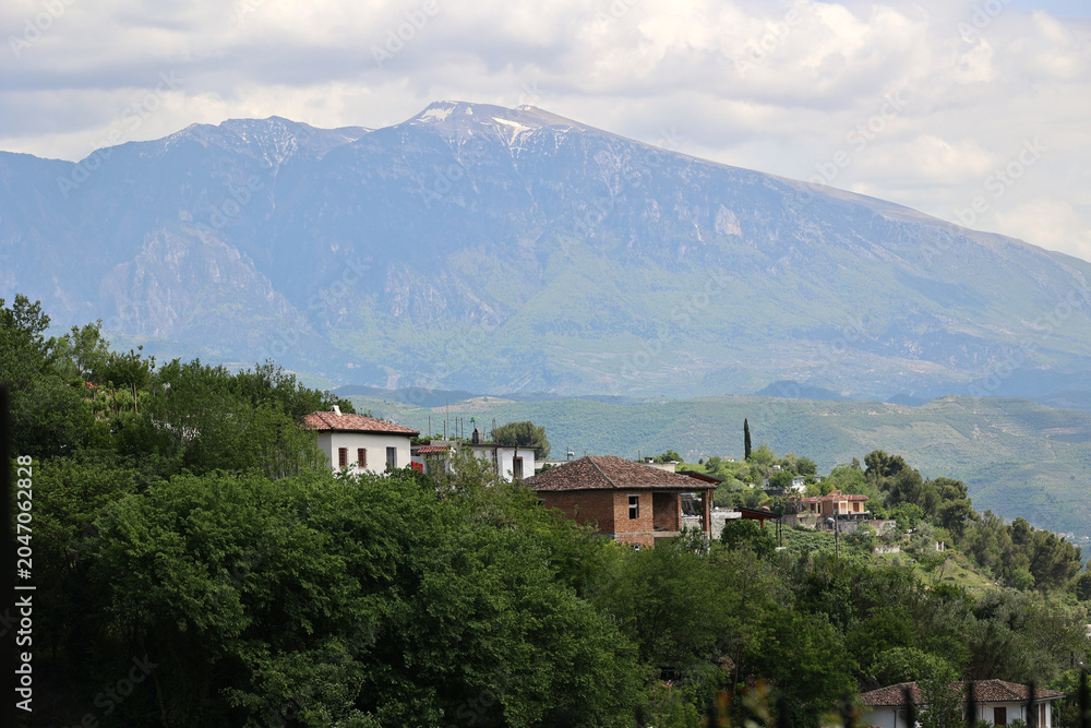 Obraz premium View of the landscape near the city of Berat seen from the fortress of Kalaja, Albania 