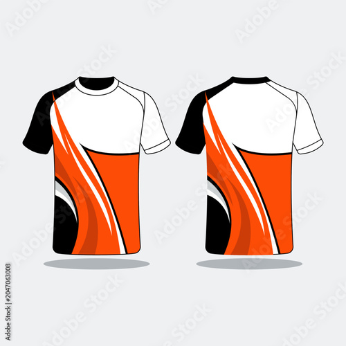 Sports t-shirt design with wavy abstract line graphics in orange.