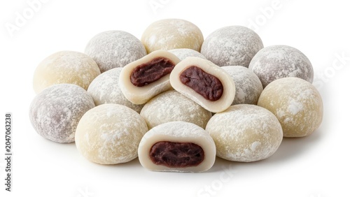 Delicious pile of traditional Japanese mochi rice cakes with sweet red bean paste filling, showcasing their soft texture and vibrant interior against a clean white background