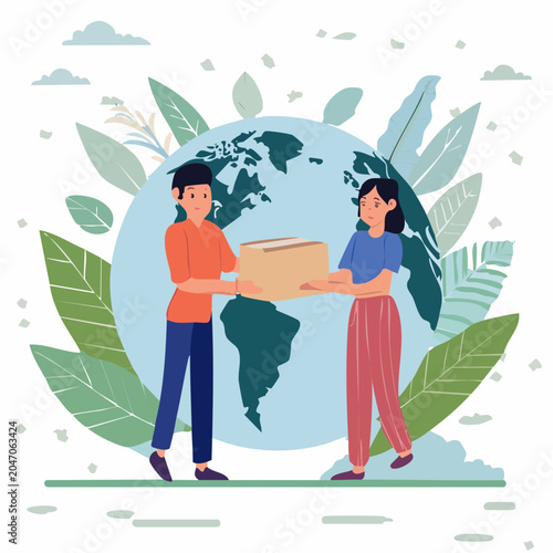 People delivering a box around the globe with leaves