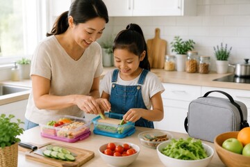 Mother helping her child prepare a healthy lunch before school.