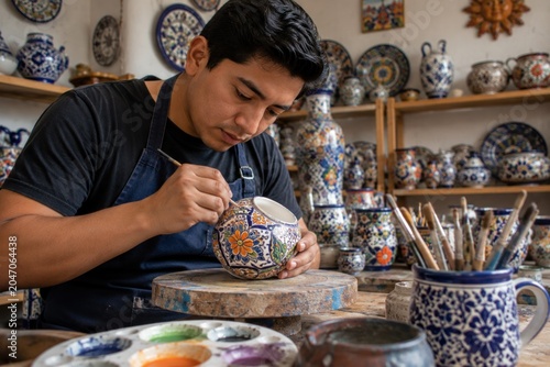 Mexican artisan hand painting traditional Talavera pottery in a ceramic workshop.