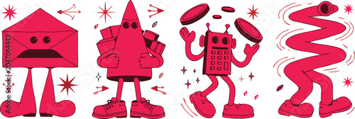 Red abstract illustrations of an envelope cone phone zigzag character