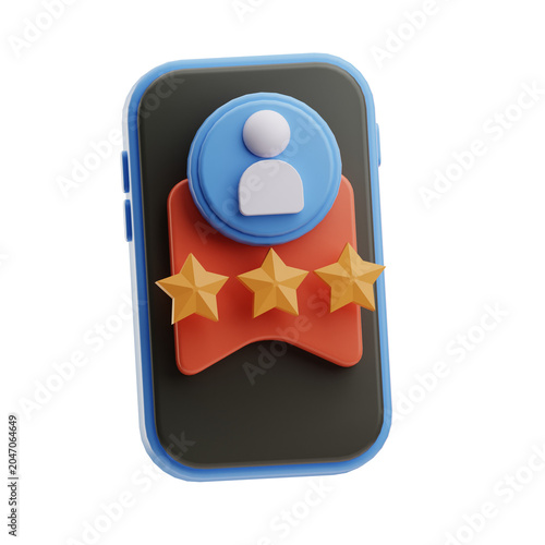 Realistic 3D modeling of a user profile badge with star ratings for web and app interfaces.
