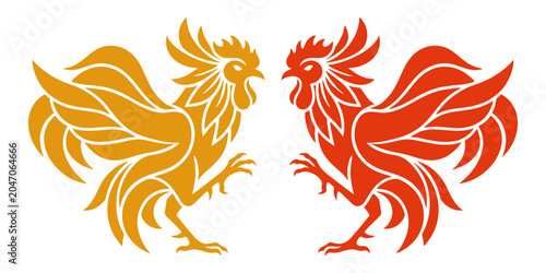 Schilderij op canvas Fighting Rooster Logo Vector, Stylized Twin Cock Silhouette, E-sport Mascot Embl