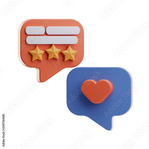 Stylized 3D icons representing social media reviews and likes for marketing and app interfaces.