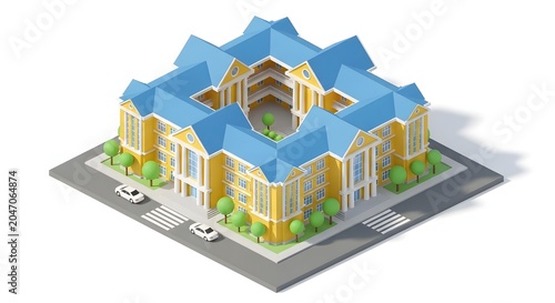 Isometric building complex with cars and crosswalk in a low poly style