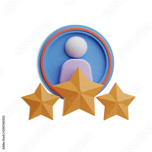 A 3D rendered badge with stars and a user icon for review and rating visualizations.