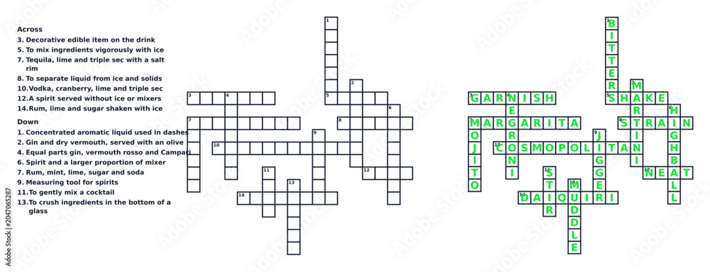 Obraz premium Crossword puzzle sheet vector template for adults. Cocktail and bar theme game with solution. Flat design typography illustration isolated on transparent background