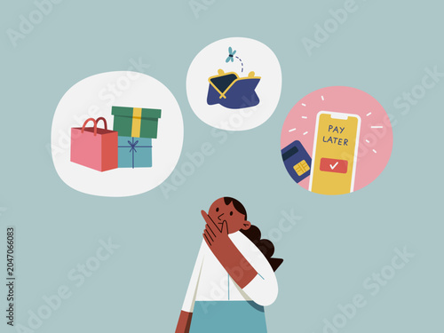 Making a Purchase Decision: A thoughtful individual ponders shopping bags, an open purse, and a smartphone displaying Pay Later, illustrating a moment of financial consideration before buying.