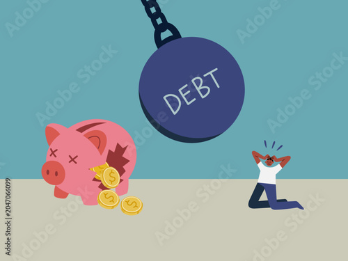 Canvas Print Financial Ruin: A piggy bank marked with distress and a person in despair face a colossal wrecking ball labeled DEBT, symbolizing overwhelming financial burden and economic crisis