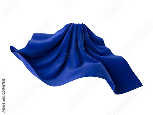 Elegant Blue Fabric Drapery Floating Gracefully With Soft Shadows On A Clean White Background