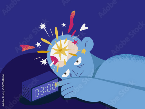 Insomnia's Agony: A person's head erupts with chaotic energy, symbolizing the torment of sleeplessness, as they reach to silence an insistent alarm clock at 3:00 AM.